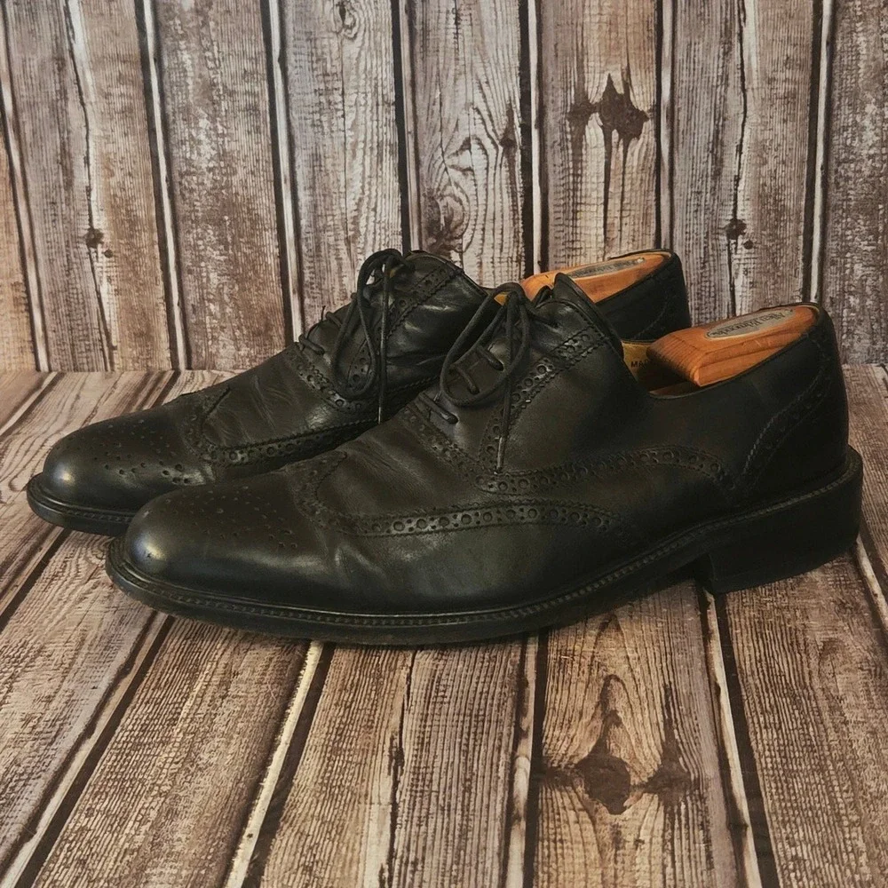 Sz 43 / 10 Magnanni Black Leather Brogue Wingtip Oxford Dress Shoes VGUC